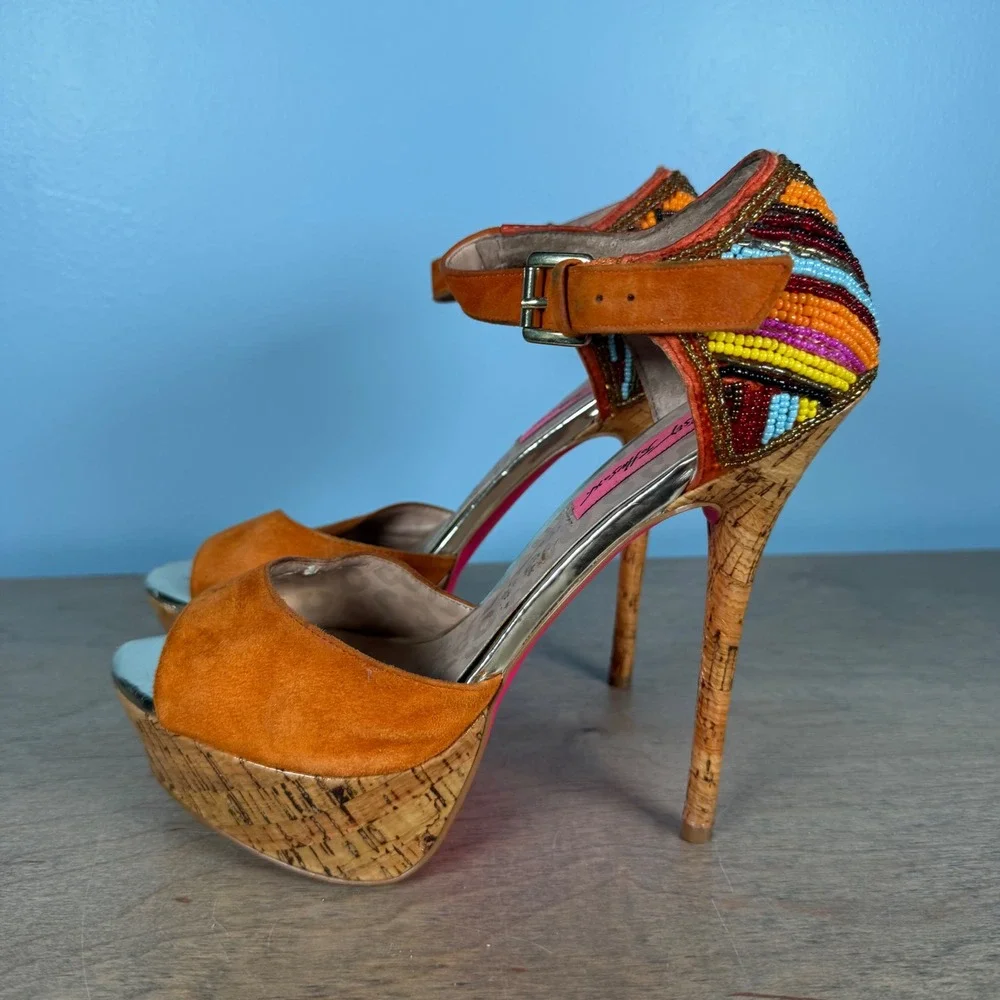Betsey Johnson Isabell Platform Sandals Womens 7.5 Orange Suede Beaded Stiletto